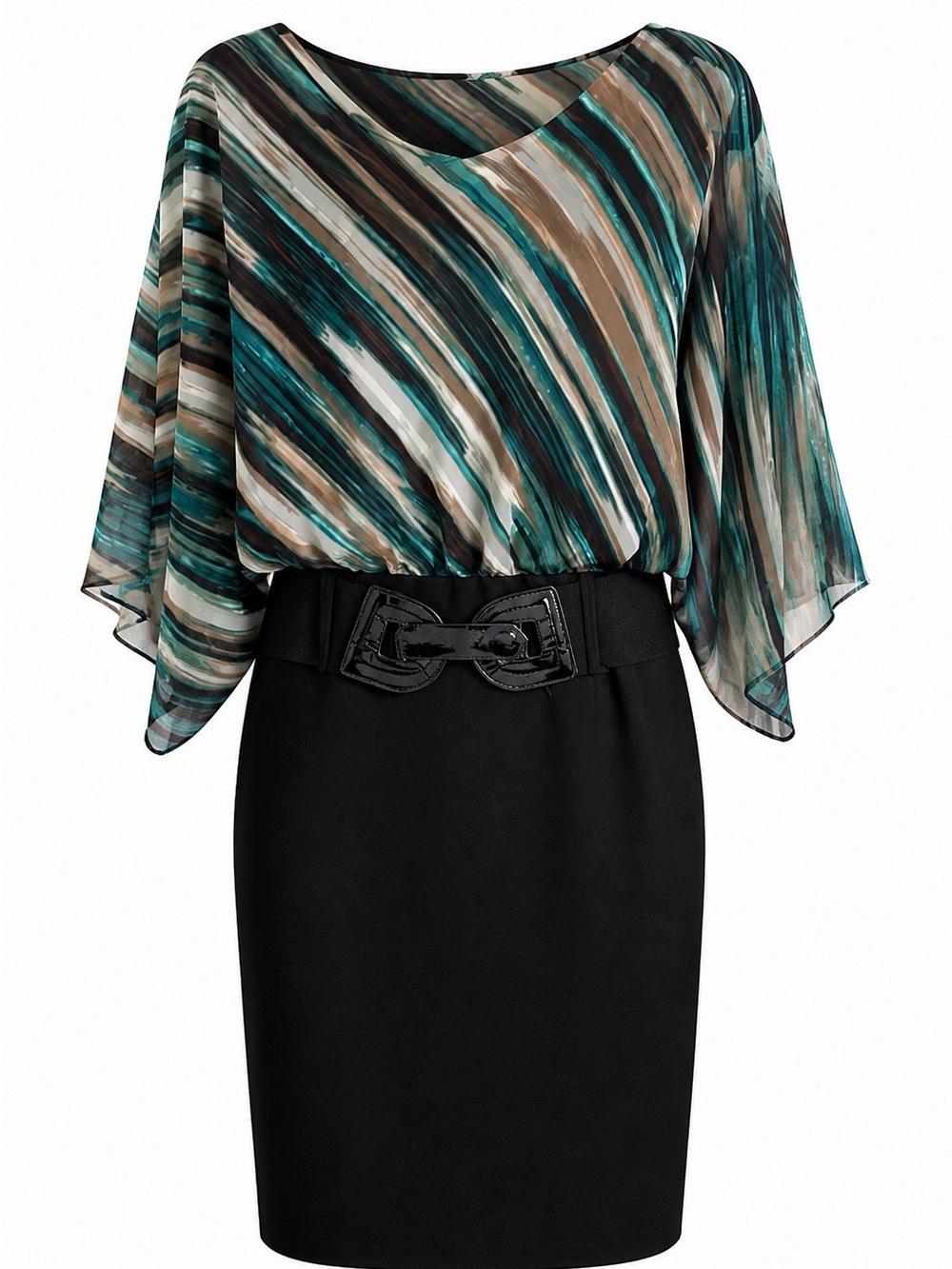 Chiffon Overlay Dress Black Pencil Skirt with Teal & Brown Print